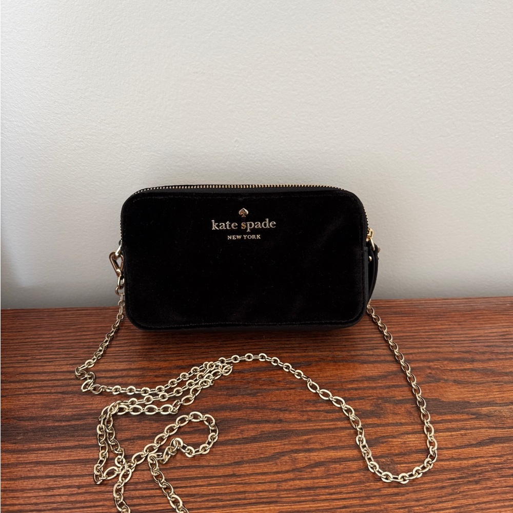 Kate Spade Velvet Black Crossbody Bag with Gold Chain
